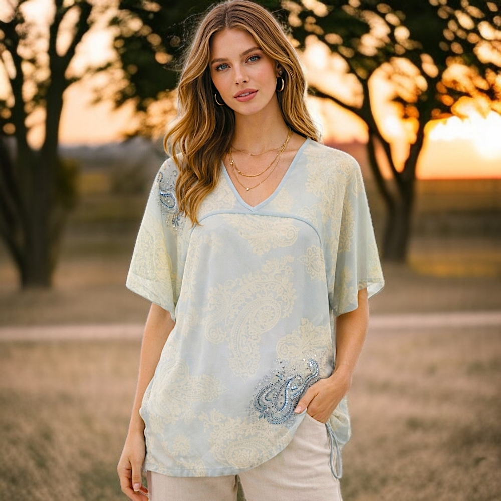 Y2K Express Silk Boxy Blouse M Oversized‎ Sheer Paisley Fairy Romantic Coquette